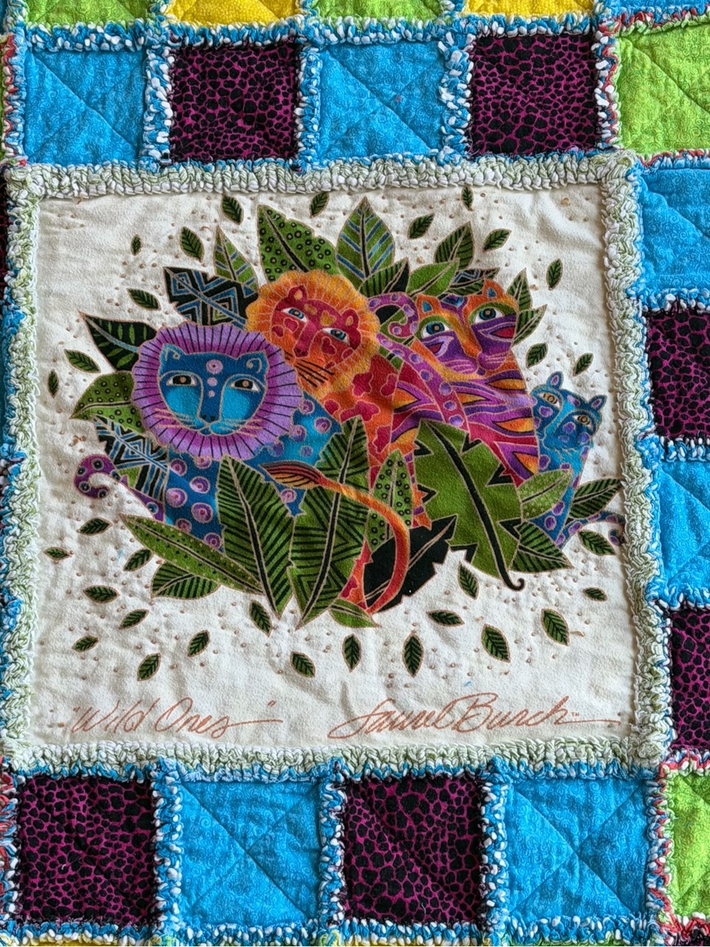 Handmade Laurel Burch “Wild Ones” Rag Quilt Throw 57” x 56” Vintage Cat Art